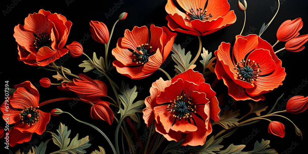 Stylized red poppy flower on black background - obrazy, fototapety, plakaty 