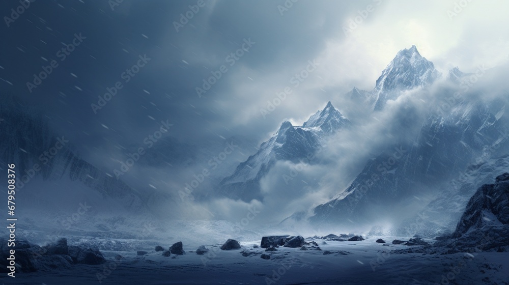 an blizzard hitting an uninhabited mountain range