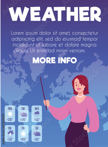 Weather forecast poster with woman, vector illustration.