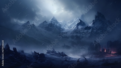 an blizzard hitting an uninhabited mountain range photo