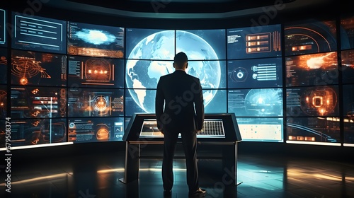 Business Man in Room of infographic hud, Futuristic office