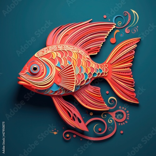 Vibrant Stylized Fish in Bold Reds and Oranges: A Three-Dimensional Paper Art Illustration