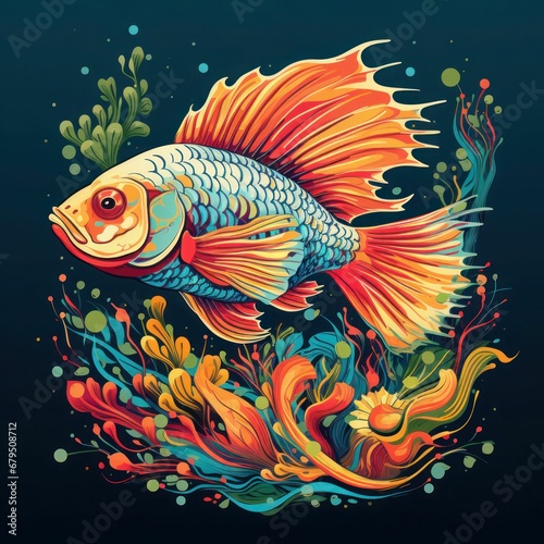 Colorful Betta fish illustration, vibrant colors, dynamic underwater scene, ornate fins, aquatic flora, digital art, marine life concept, dark background.
