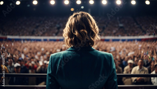 Rear view of female politician during electioneering speech in front of the congress crowd, generative ai illustration