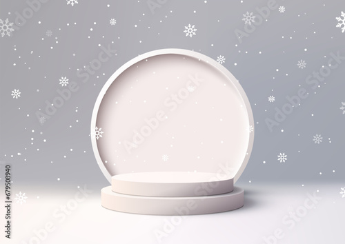 White Christmas Podium on Snowy Background, Product Display Stand Showcase