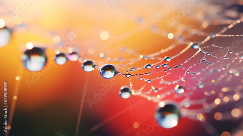 Macro photography of dewdrops on a spiderweb  with a rainbow background.