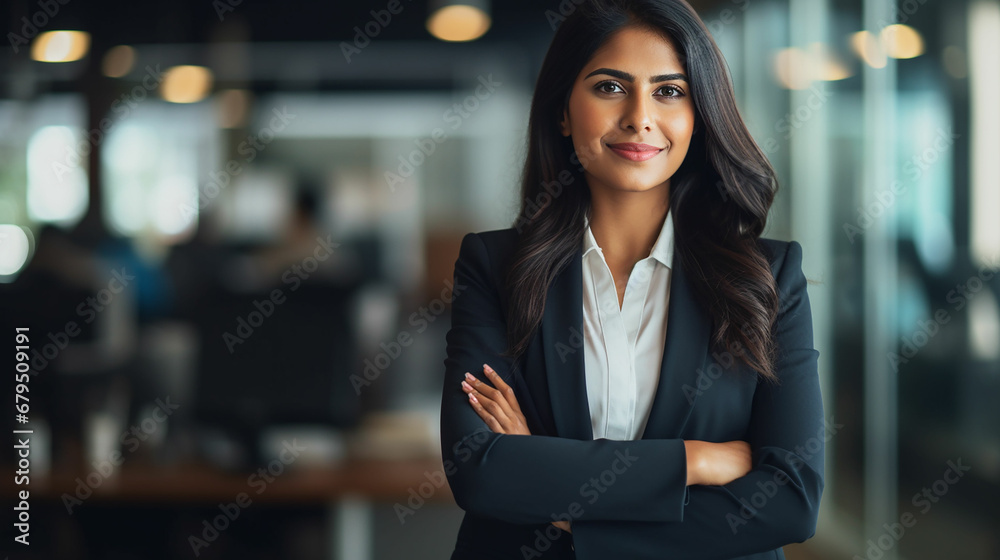 Young confident smiling Indian business woman leader, successful entrepreneur, professional company executive ceo manager, wearing suit standing in office with arms crossed. made with generative ai - obrazy, fototapety, plakaty 