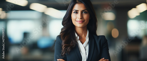 Young confident smiling Indian business woman leader, successful entrepreneur, professional company executive ceo manager, wearing suit standing in office with arms crossed. made with generative ai photo