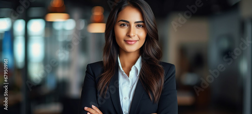 Young confident smiling Indian business woman leader  successful entrepreneur  professional company executive ceo manager  wearing suit standing in office with arms crossed. made with generative ai