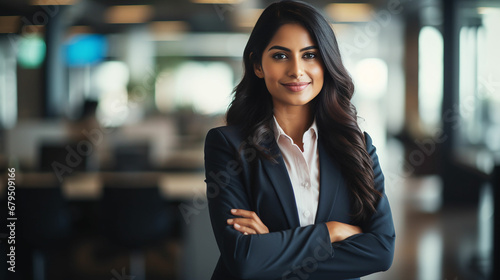 Young confident smiling Indian business woman leader, successful entrepreneur, professional company executive ceo manager, wearing suit standing in office with arms crossed. made with generative ai