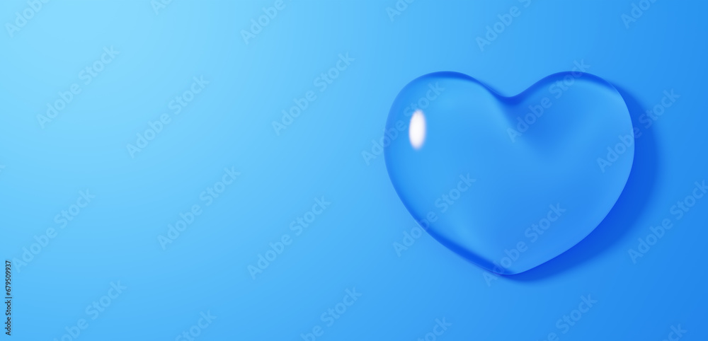 青色背景に透明な氷ガラスのハート。コピースペース。3D（横長） - obrazy, fototapety, plakaty 
