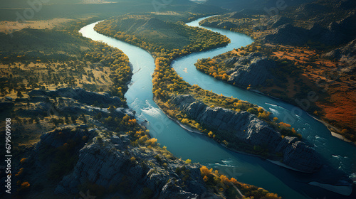 photorealistic image captured by a drone, an aerial view of a winding river carving its way through rugged landscapes