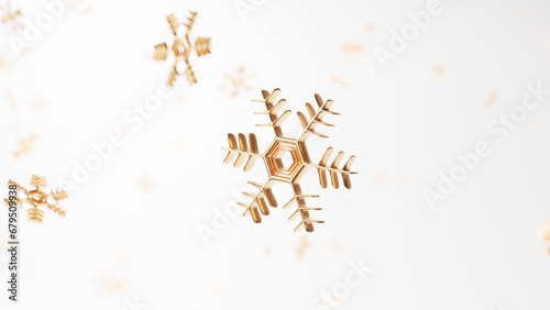 白背景に金色の雪の結晶。背景素材。3D（横長）