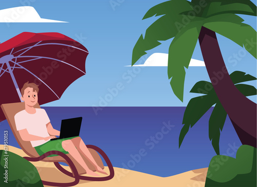 Smiling young man with laptop works on coast scene flat style
