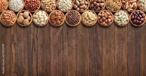 collection nuts and seeds on wooden table background with empty space.