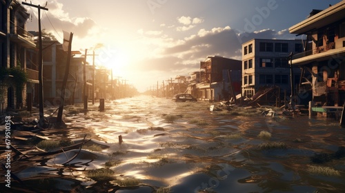 an flood inundating an uninhabited virtual city