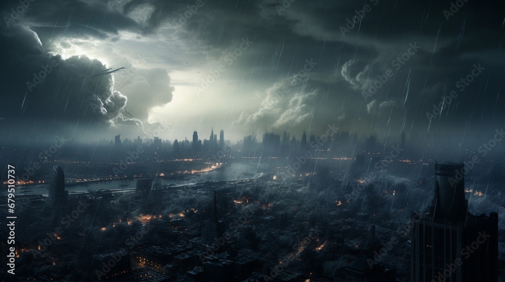 Fototapeta premium an hailstorm wreaking havoc on a fictitious cityscape