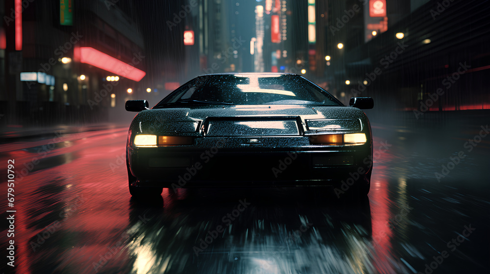 A high-speed chase on a rain-soaked city street at night. The neon lights of the city reflect off the slick road.