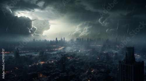an hailstorm wreaking havoc on a fictitious cityscape