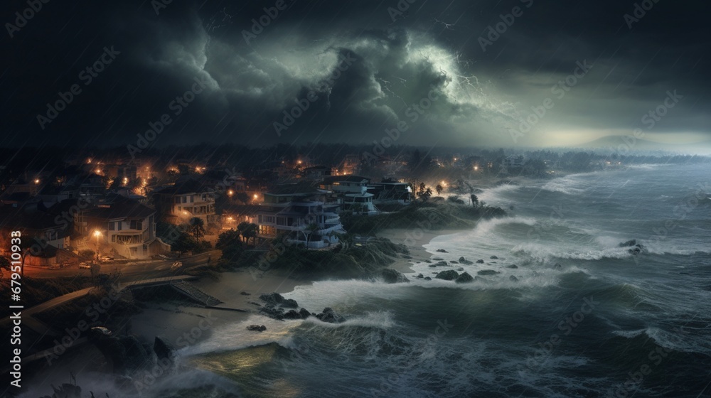 an hurricane sweeping through a coastal town