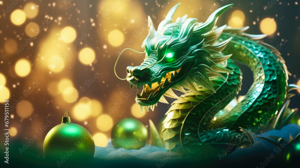 Green Dragon the Symbol of 2024 Year, Festive Background Green Dragon the Symbol of 2024 Year, Festive Background