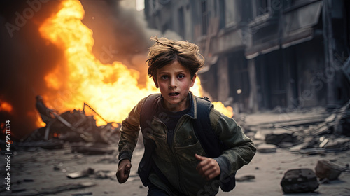 Scared terrified Innocent young boy running away from an airstrike. War concept