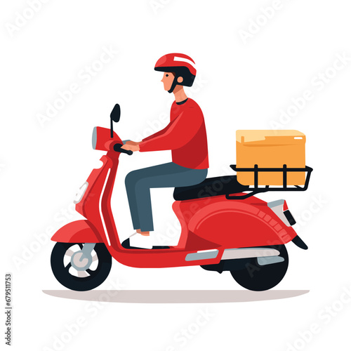 Minimalist vector illustration of a delivery man driving a scooter on a white background.