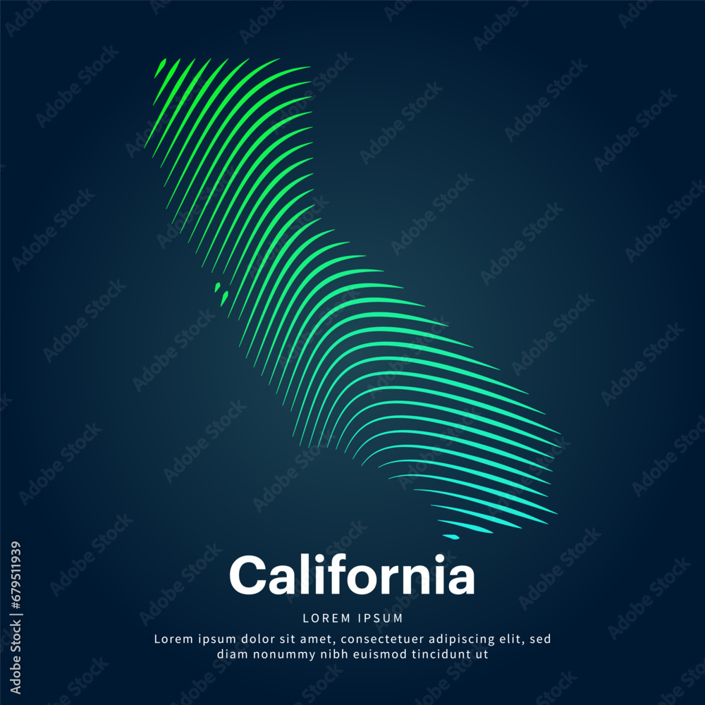 simple logo map of California Illustration in a linear style. Abstract line art California map Logotype concept icon. Vector logo California color silhouette on a dark background. EPS 10 - obrazy, fototapety, plakaty 