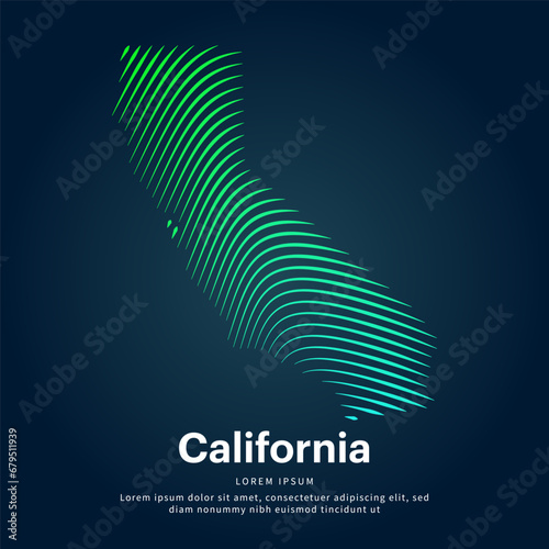 simple logo map of California Illustration in a linear style. Abstract line art California map Logotype concept icon. Vector logo California color silhouette on a dark background. EPS 10 photo