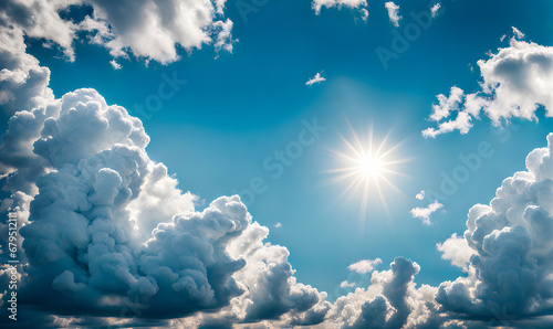 Clear blue sky with fluffy clouds and sun © karandaev