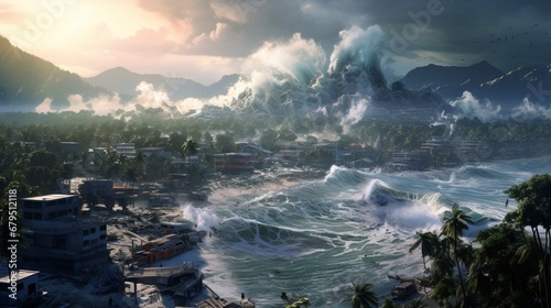 An island community prepares for an imminent tsunami  employing advanced technology to minimize destruction