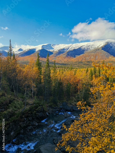 Autumn Arctic landscape in the Khibiny mountains. Kirovsk, Kola Peninsula, Polar Russia. Autumn colorful forest in the Arctic, Mountain hikes and adventures.