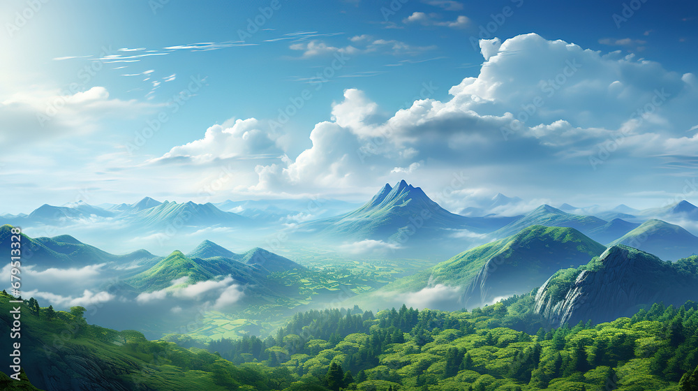 Naklejka premium Green landscape on a clear day. generative ai