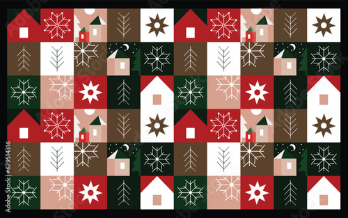 Geometric winter pattern of house and snowflakes. Pattern for packaging, background, printing on fabric. Winter pattern in festive colors. Vector drawing, design element.
