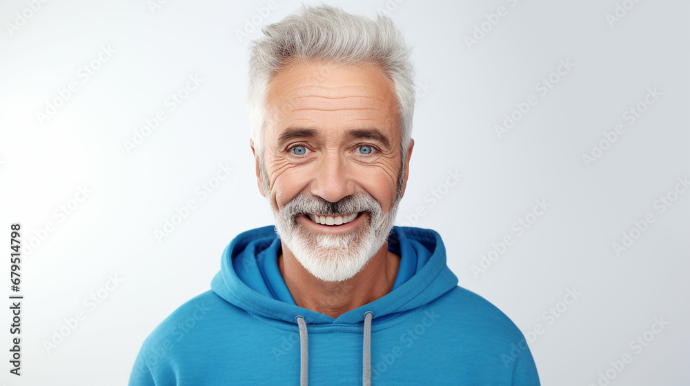 Happy mature old bearded man with dental smile, cool mid aged gray haired older senior hipster wearing blue sweatshirt standing isolated on white background. Made with generative ai Happy mature old bearded man with dental smile, cool mid aged gray haired older senior hipster wearing blue sweatshirt standing isolated on white background. Made with generative ai