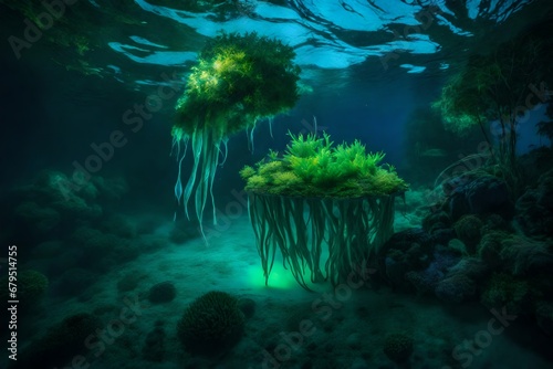 A Lush Undersea Tapestry of Verdant Greenery Surrounding an Enchanting Undersea Lake  Where Graceful Jellyfish Float in a Ballet of Bioluminescence  Creating an Ethereal Underwater Environment Teeming