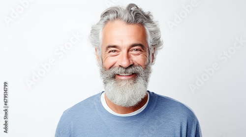 Happy mature old bearded man with dental smile, cool mid aged gray haired older senior hipster wearing blue sweatshirt standing isolated on white background. Made with generative ai photo