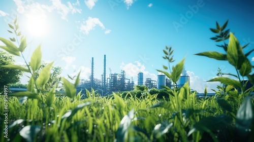 Chemical industrial plant surrounded by green trees and blue sky on a summer day. photo