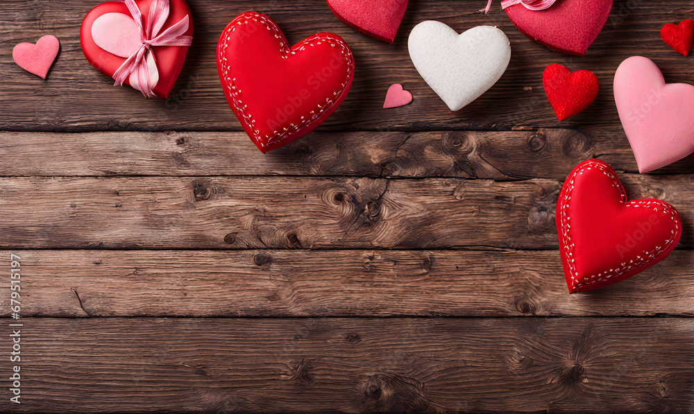 Obraz premium Hearts on a wooden table, a romantic Valentine's Day
