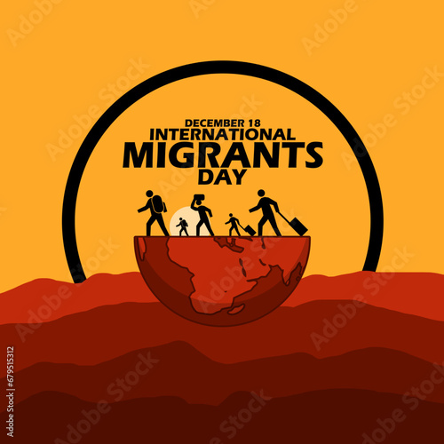 International Migrants Day banner. Icon of immigrant people on earth, with bold text and desert hills on a bright orange background to commemorate on December 18th