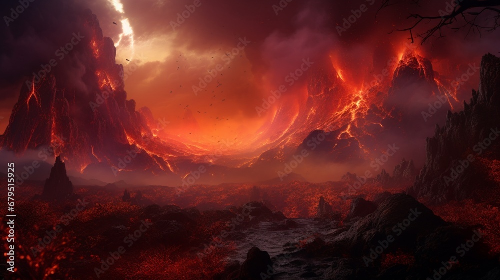 an volcanic eruption in a synthetic alien landscape