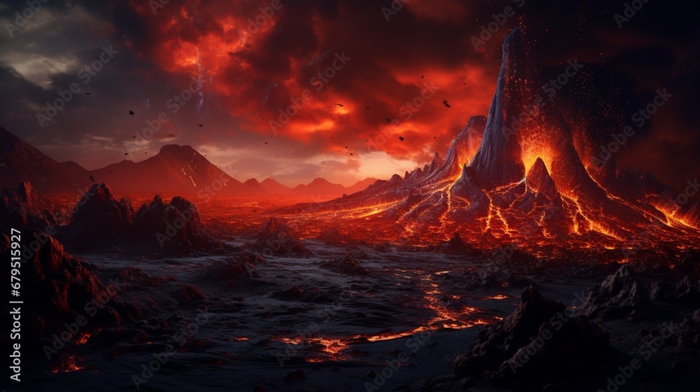 an volcanic eruption in a synthetic alien landscape