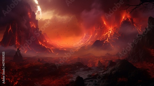 an volcanic eruption in a synthetic alien landscape