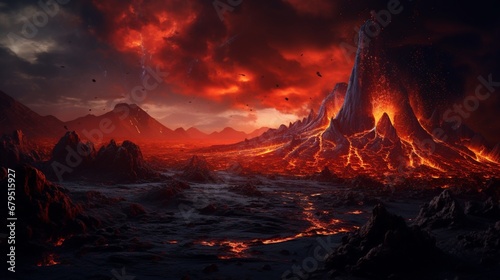 an volcanic eruption in a synthetic alien landscape