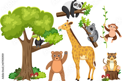 Isolated Wild Animals and a Tree in Vector Illustration