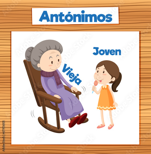 Vieja and Joven: Spanish Word Card with Antonyms means old and young