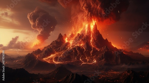 an volcanic eruption in an artificial alien landscape photo