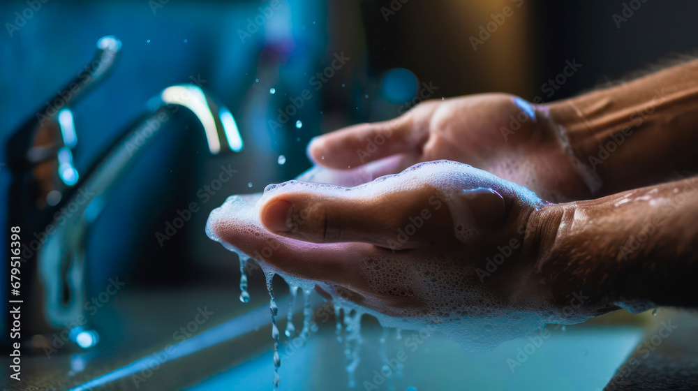 Man washing hands with soap under running water. Hygiene concept. Man washing hands with soap under running water. Hygiene concept.