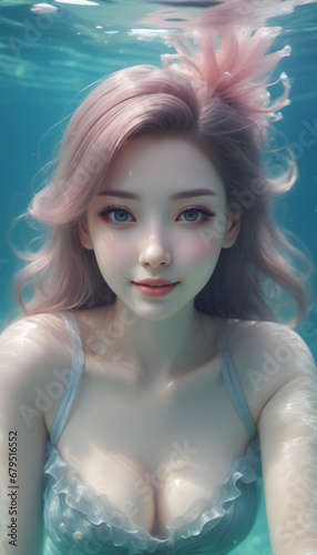 Beautiful girl with pink hair underwater in the pool,   rendering