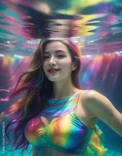 Illustration of a beautiful young woman in a swimsuit underwater